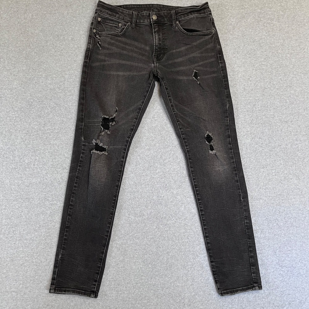 American Eagle Jeans Mens 34X32‎ Black Skinny Flex Low Rise Ripped Denim